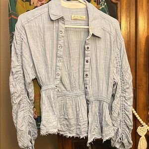 Free People Light Blue Ruched Button-Down Shirt